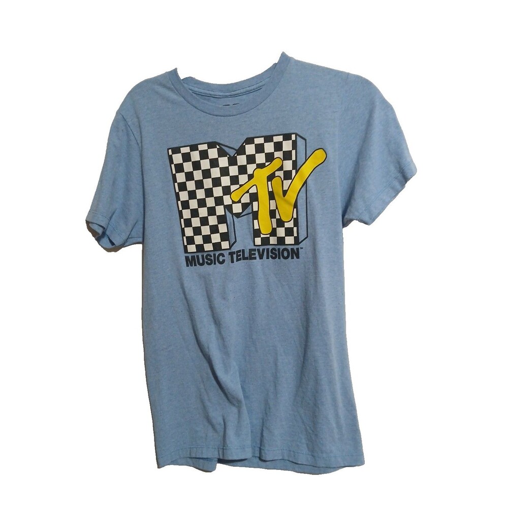MTV Mens Sz S T-Shirt, Logo Printed, Black & White Check Logo, Blue Shirt